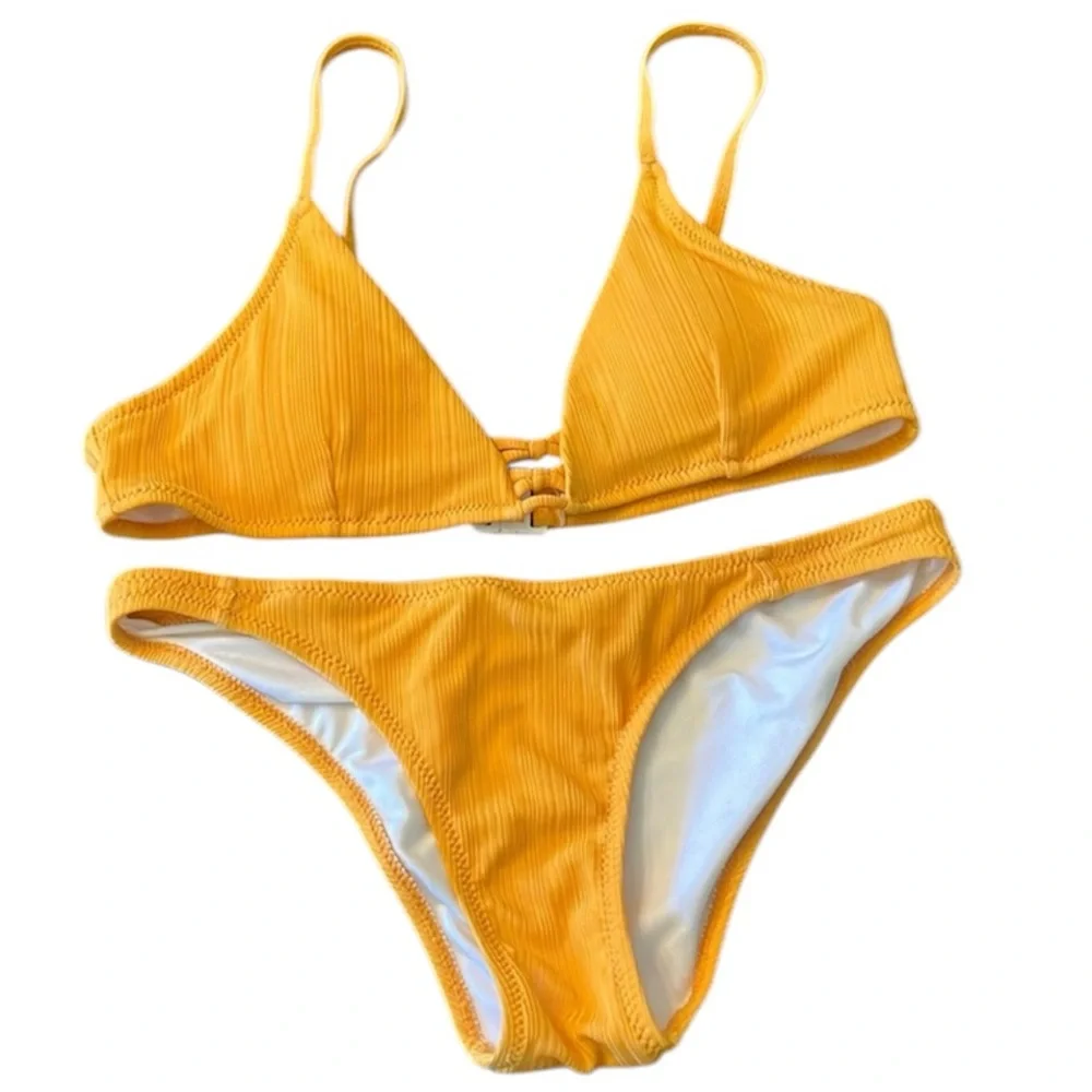 Marigold Yellow Ribbed Triangle Bikini Set Center Ladder Detail Cheeky Small - Picture 1 of 14